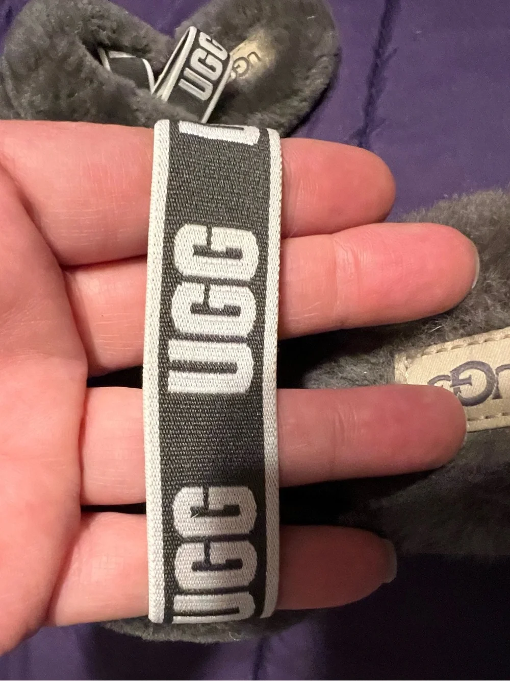 Girls UGG Gray Faux Fur Slide with Logo Strap